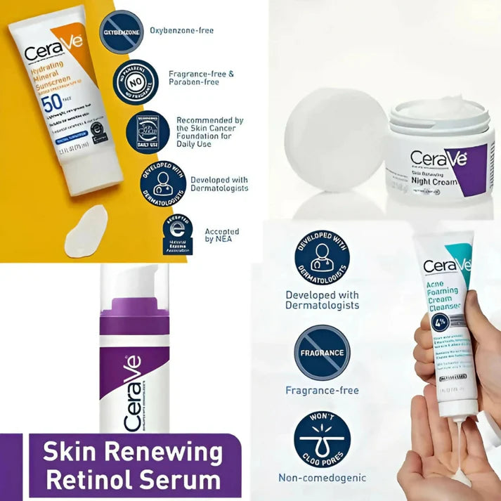 Cerave 4 In 1 Skincare Kit Night Cream, Sunblock, Cleanser & Serum For Radiant Skin