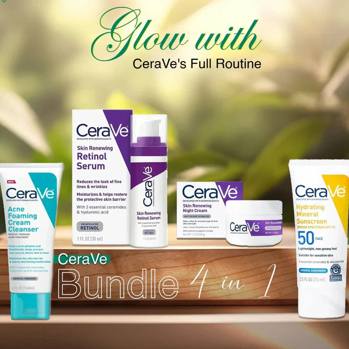 Cerave 4 In 1 Skincare Kit Night Cream, Sunblock, Cleanser & Serum For Radiant Skin