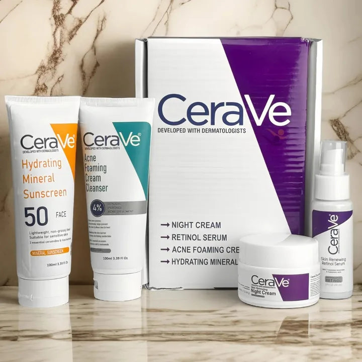 Cerave 4 In 1 Skincare Kit Night Cream, Sunblock, Cleanser & Serum For Radiant Skin